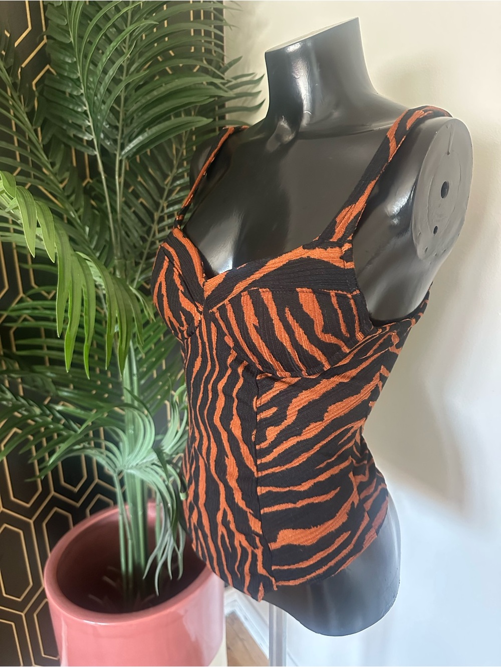 Tiger-Stripe Bodysuit Top in Black & Orange - Picture 3 of 4